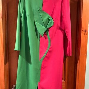 Moldovan Designer Elegant Green and Pink Long Sleeve Dress with sculpted flower